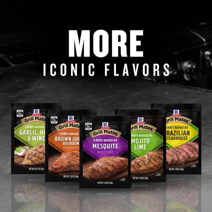 McCormick Grill Mates marinade mixes in various flavors are displayed with the text More Iconic Flavors above them.
