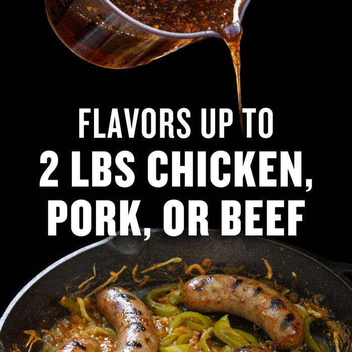 A flavorful sauce is poured over sausages and peppers in a cast iron skillet with text stating it flavors up to 2 lbs of chicken pork or beef.