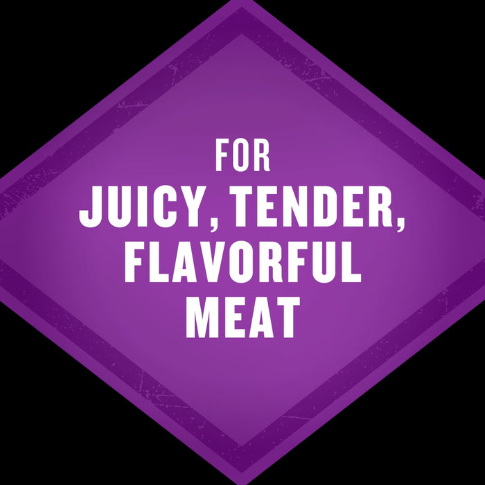A purple diamond shape with the words For Juicy Tender Flavorful Meat in white text.