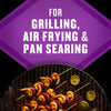 Grilled shrimp skewers with red onion and lemon slices are shown on a grill with the text For Grilling Air Frying &amp; Pan Searing displayed above.