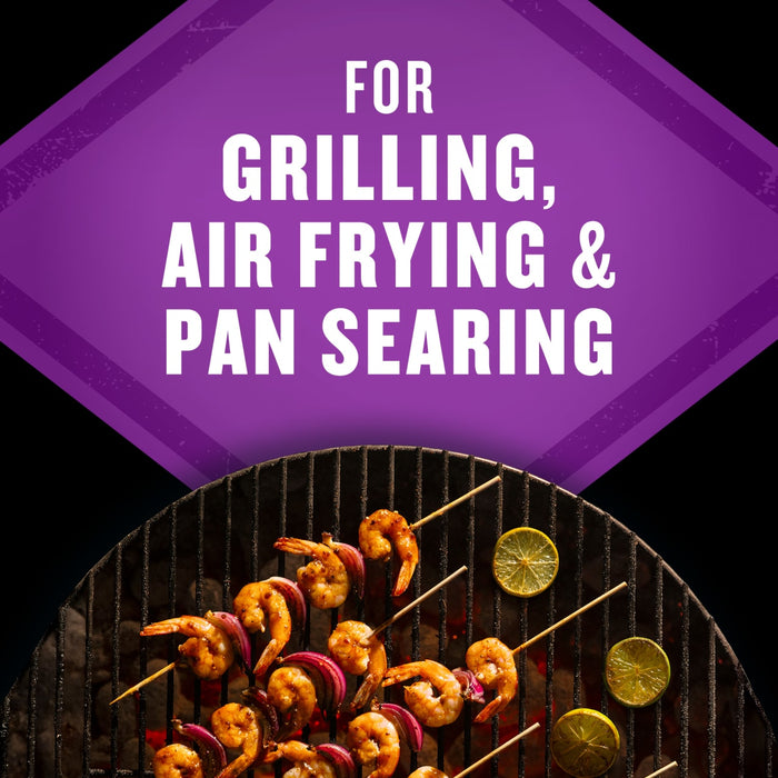 Grilled shrimp skewers with red onion and lemon slices are shown on a grill with the text For Grilling Air Frying &amp; Pan Searing displayed above.