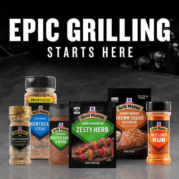 A variety of Grill Mates spices are displayed under the headline Epic Grilling Starts Here.