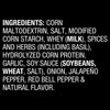 A list of ingredients for a product including corn maltodextrin salt modified corn starch whey spices herbs hydrolyzed corn protein garlic soy sauce wheat onion jalapeno pepper red bell pepper and natural flavor.