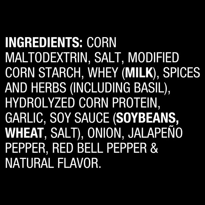 A list of ingredients for a product including corn maltodextrin salt modified corn starch whey spices herbs hydrolyzed corn protein garlic soy sauce wheat onion jalapeno pepper red bell pepper and natural flavor.
