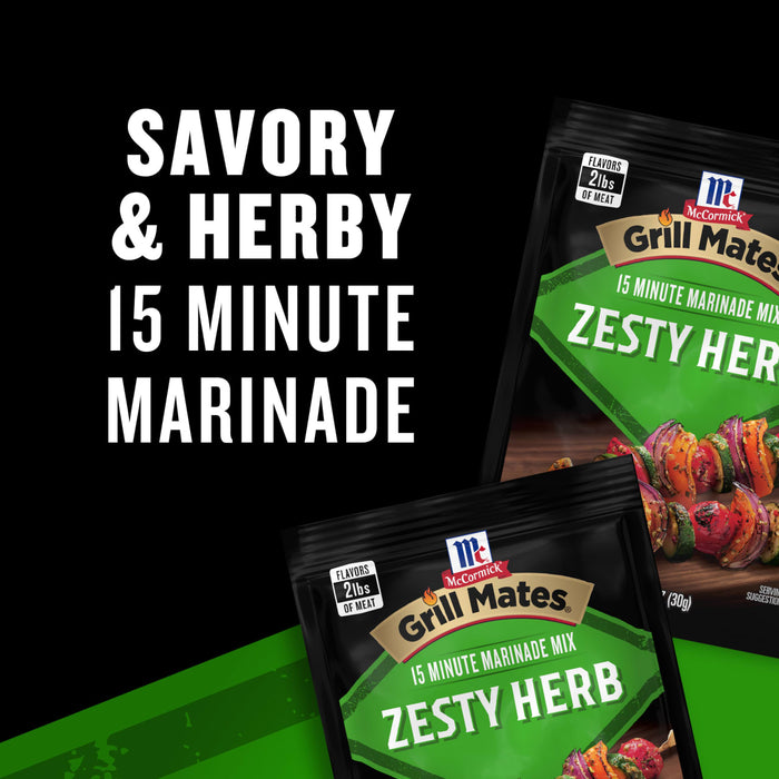 A package of McCormick Grill Mates Zesty Herb 15 Minute Marinade is displayed.