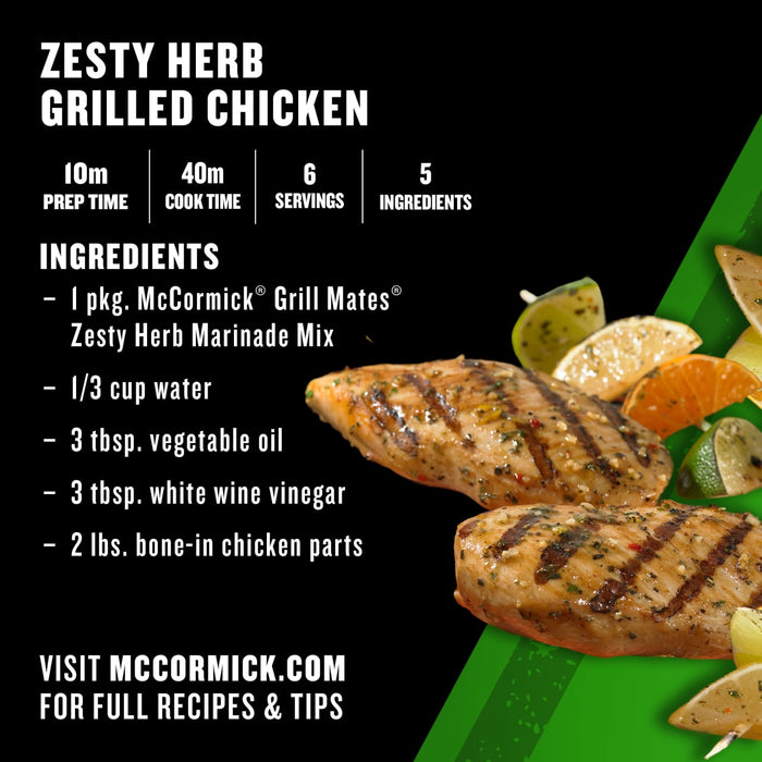 McCormick's Zesty Herb Grilled Chicken recipe with preparation time, cook time, servings, and ingredients listed.