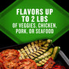 This image promotes flavors for up to 2 lbs of veggies, chicken, pork, or seafood, showcasing grilled tomatoes and zucchini.