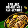 Grilled chicken breasts with citrus wedges are displayed, highlighting grilling, air-frying, and pan-searing cooking methods.