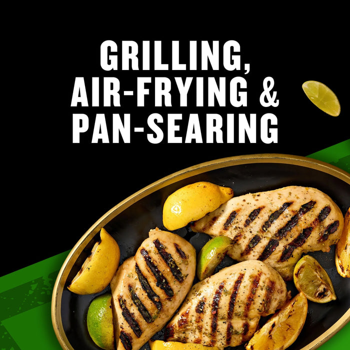 Grilled chicken breasts with citrus wedges are displayed, highlighting grilling, air-frying, and pan-searing cooking methods.