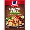 A McCormick Brown Gravy mix package with a serving suggestion of mashed potatoes green beans and roast beef.