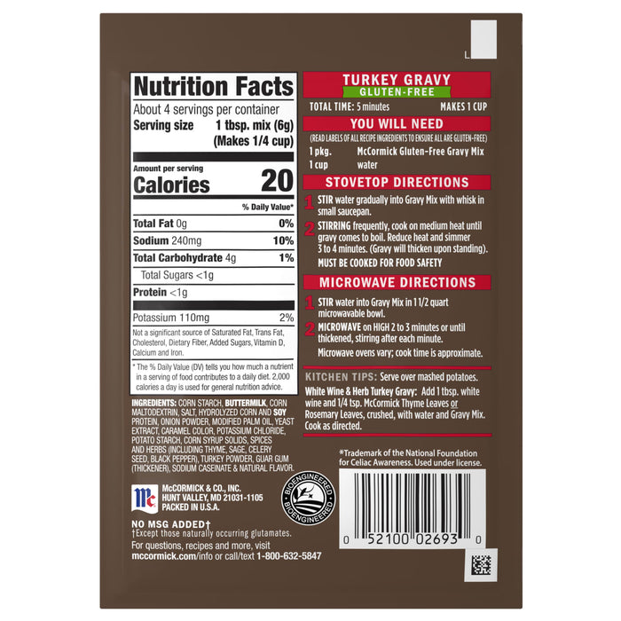 The image shows the nutrition facts and preparation instructions for McCormick Turkey Gravy.