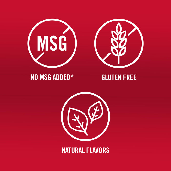 The image shows icons indicating the product has no MSG added, is gluten-free, and contains natural flavors.