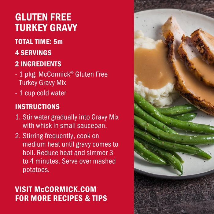 Recipe card for McCormick Gluten Free Turkey Gravy, featuring a photo of turkey slices, mashed potatoes, and green beans covered in gravy.