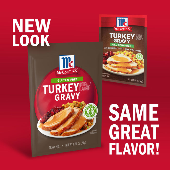 The image shows McCormick Turkey Gravy mix with a new look but the same flavor.