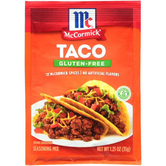 A McCormick Taco Seasoning Mix packet with a picture of two tacos on the front.