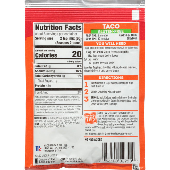McCormick Gluten-Free Taco Seasoning Mix package with nutrition facts and directions.