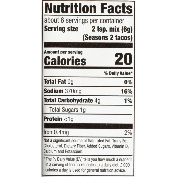 Nutrition facts label for Seasons 2 Tacos.