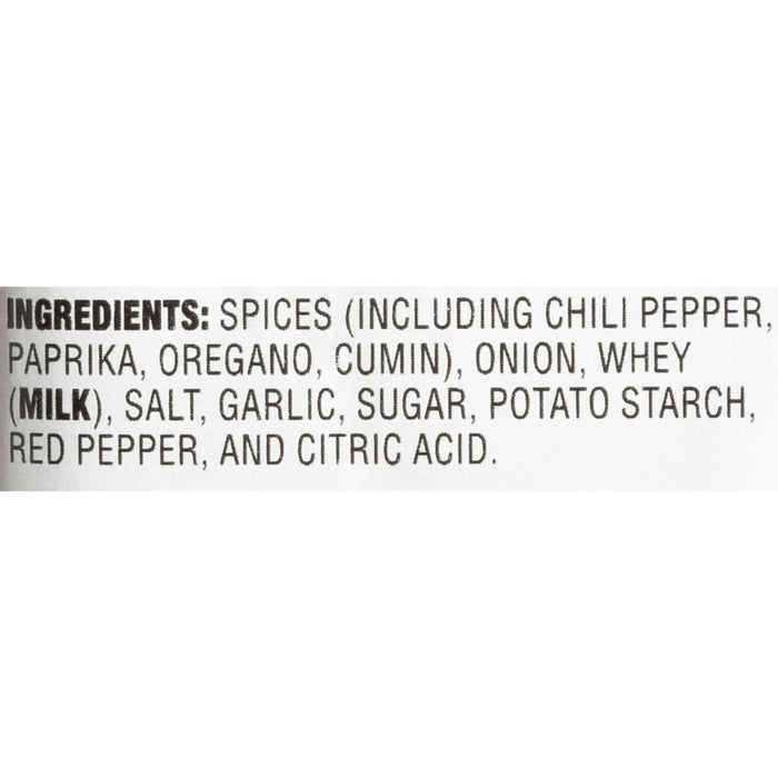 The ingredients for the seasoning include spices, paprika, oregano, cumin, onion, whey, salt, garlic, sugar, potato starch, red pepper, and citric acid.