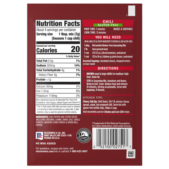 McCormick Chili Seasoning Mix nutrition facts and directions for preparing chili.