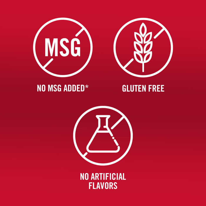 The image shows icons indicating the product has no MSG added, is gluten-free, and contains no artificial flavors.