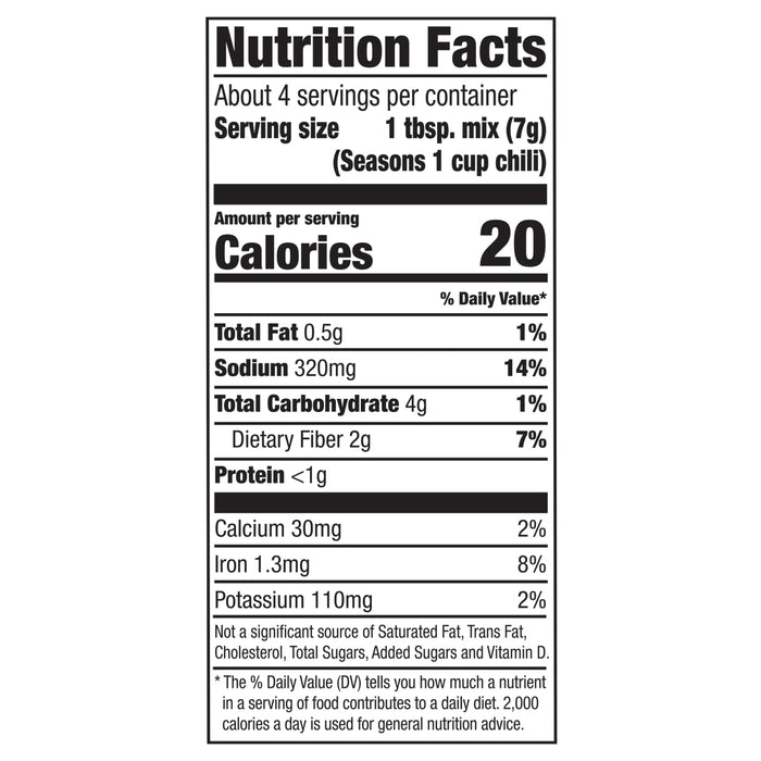 Nutrition facts label for Seasons Chili.