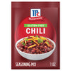 A packet of McCormick Gluten-Free Chili Seasoning Mix is displayed, showcasing a bowl of chili topped with cheese and green onions.