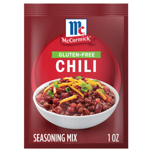 A packet of McCormick Gluten-Free Chili Seasoning Mix is displayed, showcasing a bowl of chili topped with cheese and green onions.