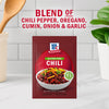 McCormick Chili seasoning blend features chili pepper, oregano, cumin, onion, and garlic.