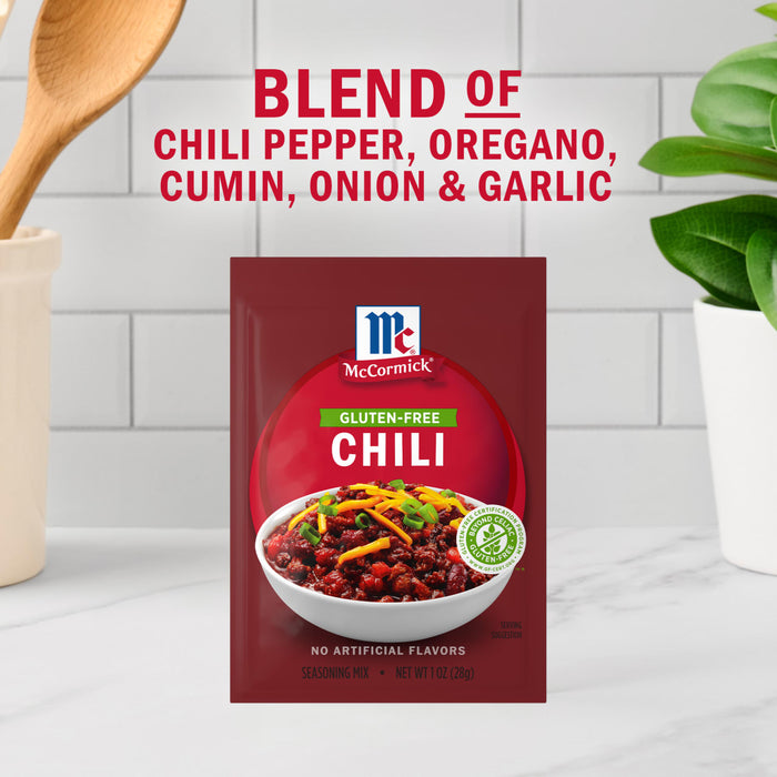 McCormick Chili seasoning blend features chili pepper, oregano, cumin, onion, and garlic.