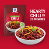 McCormick Gluten-Free Chili seasoning packet and a bowl of hearty chili, highlighting its quick 20-minute preparation time.
