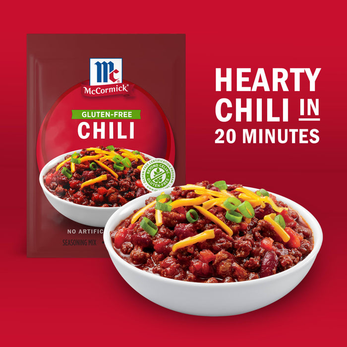 McCormick Gluten-Free Chili seasoning packet and a bowl of hearty chili, highlighting its quick 20-minute preparation time.