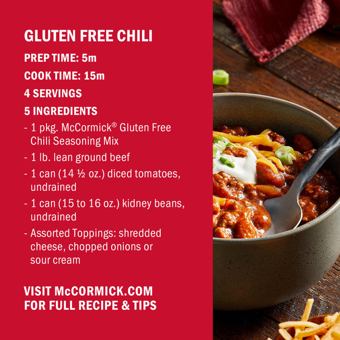 A bowl of McCormick Gluten Free Chili is shown with the recipe ingredients and preparation instructions.