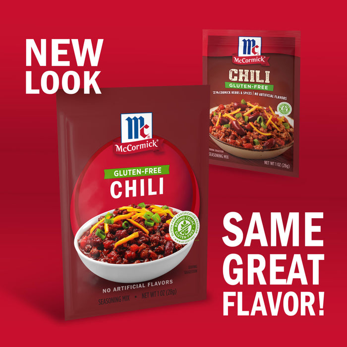 This image shows the new packaging for McCormick Gluten-Free Chili seasoning mix, with the tagline "New Look, Same Flavor!"
