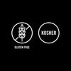 The image displays the gluten-free and kosher symbols, indicating the product meets these dietary standards.