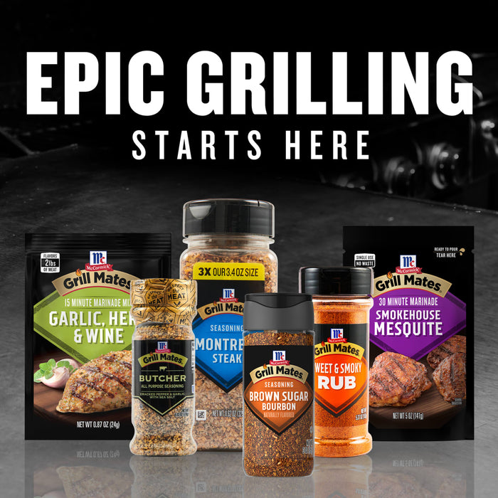 An array of McCormick Grill Mates seasonings and marinades, including the Mccormick Grill Mates Brown Sugar Bourbon Blend Gf 3.0 Oz, are displayed against a dark background with the text EPIC GRILLING STARTS HERE.