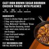 A recipe card for Cast Iron Brown Sugar Bourbon Chicken Thighs with Peaches, featuring Mccormick Grill Mates Brown Sugar Bourbon Blend Gf 3.0 Oz as a key ingredient, alongside an image of the cooked dish in a cast iron skillet.
