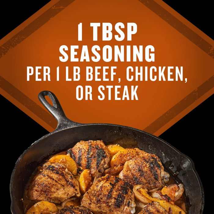 The Mccormick Grill Mates Brown Sugar Bourbon Blend Gf 3.0 Oz is shown with usage instructions recommending 1 tablespoon of seasoning per 1 pound of beef, chicken, or steak, displayed above a cast iron skillet filled with seasoned chicken and peaches.
