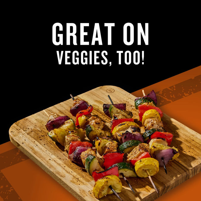 Colorful chicken and vegetable skewers, seasoned with Mccormick Grill Mates Brown Sugar Bourbon Blend Gf 3.0 Oz, are displayed on a wooden board, emphasizing its versatility with the text GREAT ON VEGGIES, TOO!