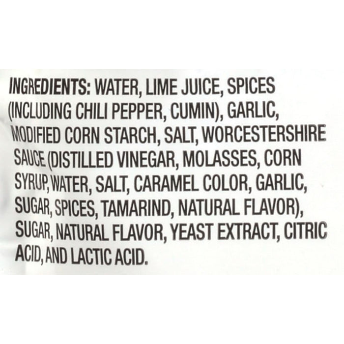 A list of ingredients for a product including water lime juice spices and more.