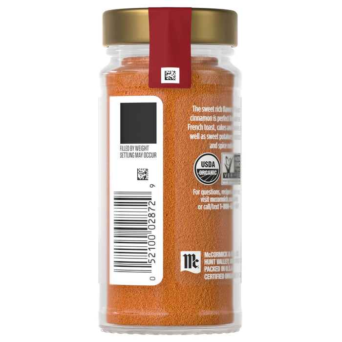 A jar of McCormick Organic Cinnamon is shown, highlighting its rich flavor and versatility for various dishes.