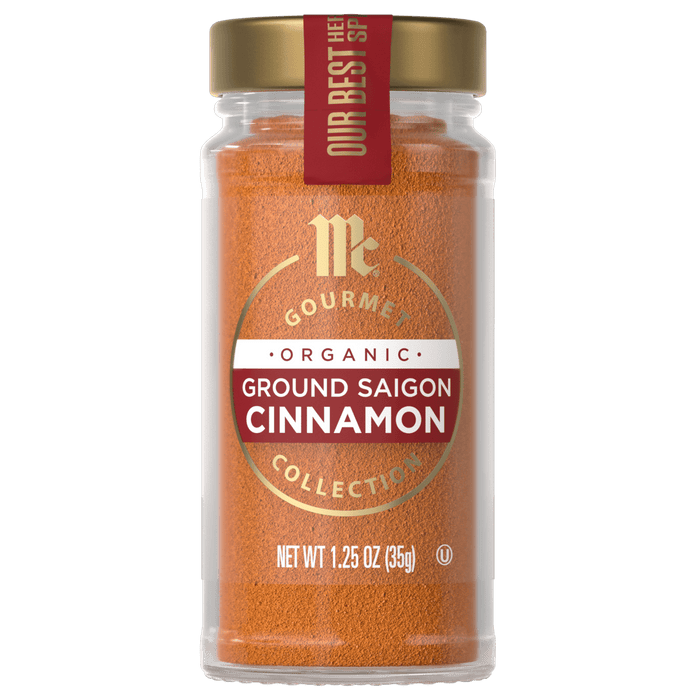 This is a jar of McCormick Gourmet Organic Ground Saigon Cinnamon.