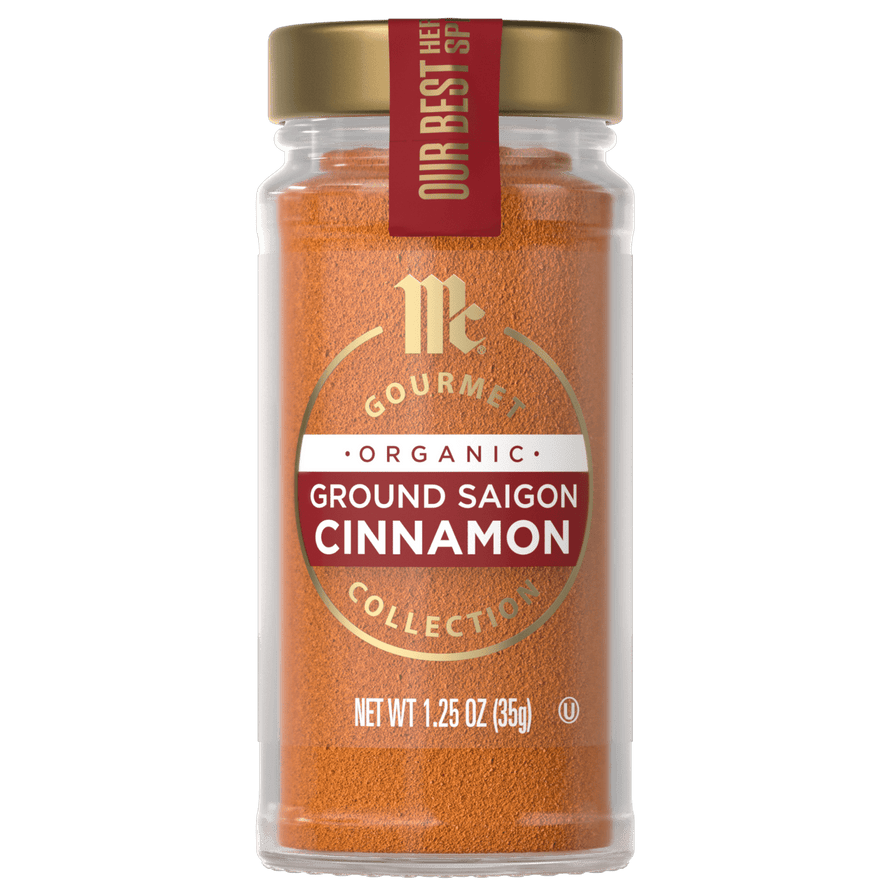 This is a jar of McCormick Gourmet Organic Ground Saigon Cinnamon.