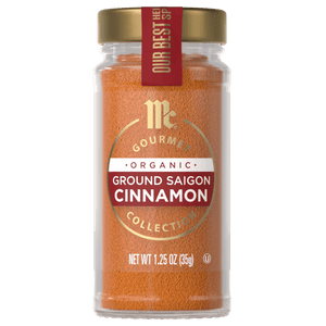 This is a jar of McCormick Gourmet Organic Ground Saigon Cinnamon.