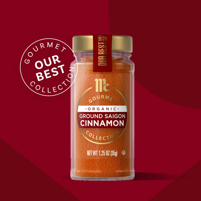 McCormick Gourmet Ground Saigon Cinnamon in a glass jar, part of the Our Best Collection.
