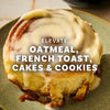A frosted cinnamon roll on a green plate with text that reads Elevate Oatmeal, French Toast, Cakes &amp; Cookies.