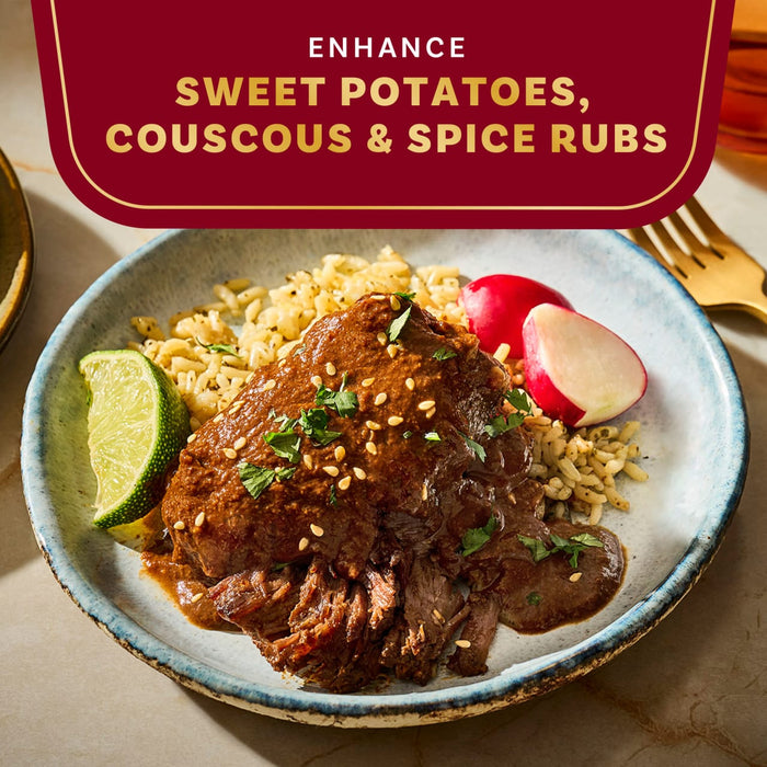 This image showcases a delicious meal featuring sweet potatoes, couscous, and spice rubs, highlighting how to enhance these ingredients.