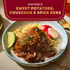 This image showcases a delicious meal featuring sweet potatoes, couscous, and spice rubs, highlighting how to enhance these ingredients.