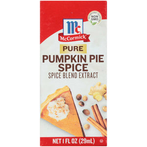 McCormick Pure Pumpkin Pie Spice Spice Blend Extract a bottle with a pie crust and spices.