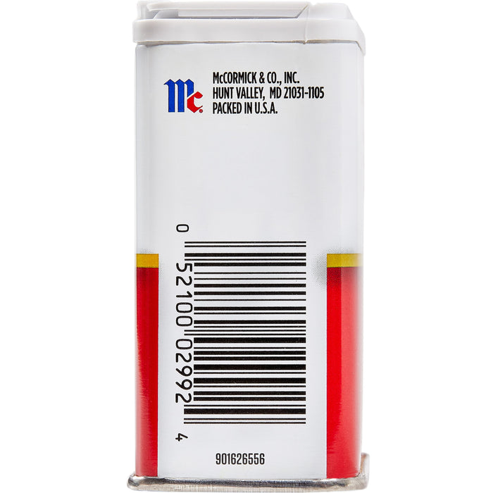 A McCormick &amp; Co. spice container with a non-GMO label and a barcode.