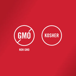 The image displays the Non-GMO and Kosher certification symbols, indicating the product meets these standards.